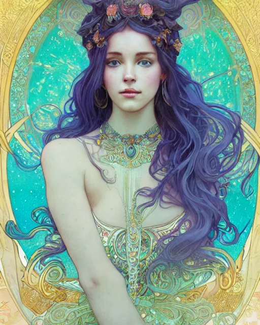 Image similar to a goddess with turquoise hair | highly detailed | very intricate | art nouveau | gold filigree | romantic storybook fantasy | soft cinematic lighting | award - winning | disney concept art watercolor illustration by mandy jurgens and alphonse mucha and alena aenami | pastel color palette | featured on artstation