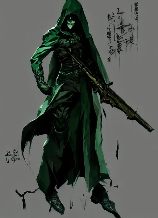 Prompt: Shadow, undead assassin in dark green robe. In style of Yoji Shinkawa and Hyung-tae Kim, trending on ArtStation, dark fantasy, great composition, concept art, highly detailed, dynamic pose.