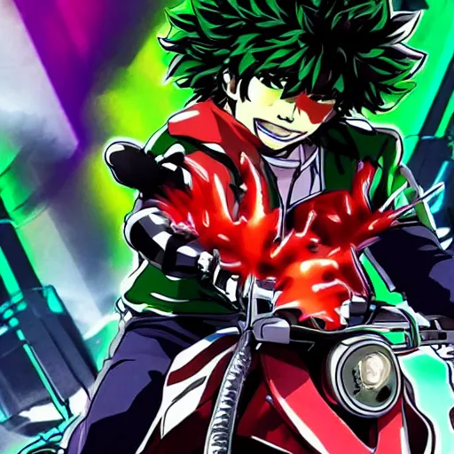 Image similar to Izuku Midoriya is riding a electric neon bike, Yoji Shinkawa