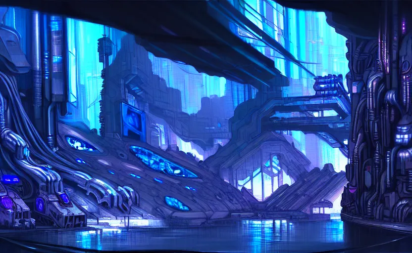 Prompt: cyberpunk factory in a dark cave, blue crystals, hyper detailed, realistic, intricate, concept art by frank hong, mate painting, artstation