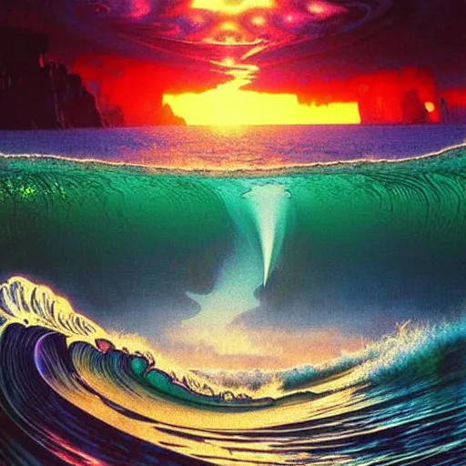 Image similar to ocean wave crashing around giant psychedelic mushroom, lsd water, dmt waves, backlit, sunset, refracted lighting, art by collier, albert aublet, krenz cushart, artem demura, alphonse mucha