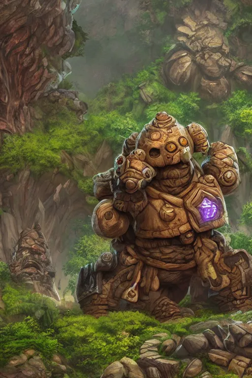 Image similar to zelda fantasy art giant golem troll wood rock greeble gemstone, global illumination ray tracing hdr fanart arstation by sung choi and eric pfeiffer and gabriel garza and casper konefal