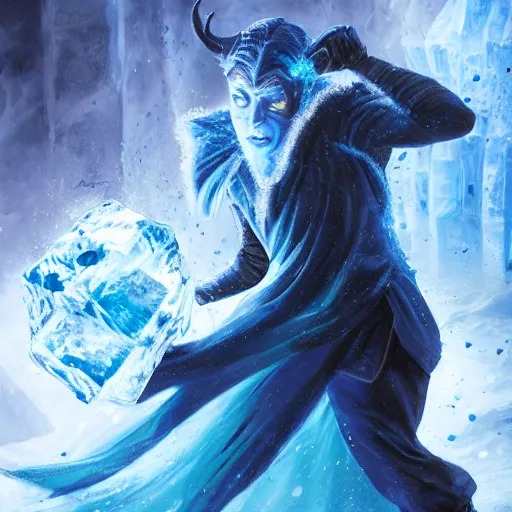 Prompt: a blue tiefling man wearing dark cloths frozen in a block of ice and being shattering into a million pieces, action, cracked, destroyed, shattering, breaking, by Tony Sart, detailed, realistic, masterpiece