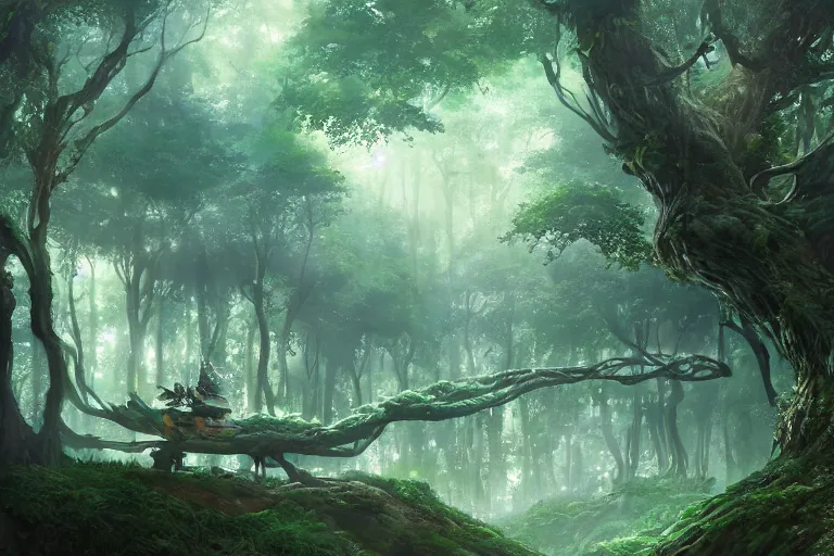 Prompt: fairy kingdom forest, miyazaki, nausicaa, ambient lighting, concept art, intricate, hyper detailed, smooth, dynamic volumetric lighting, octane, cinematic, high quality, high resolution, 4 k, cgsociety, rutkowski, gurney