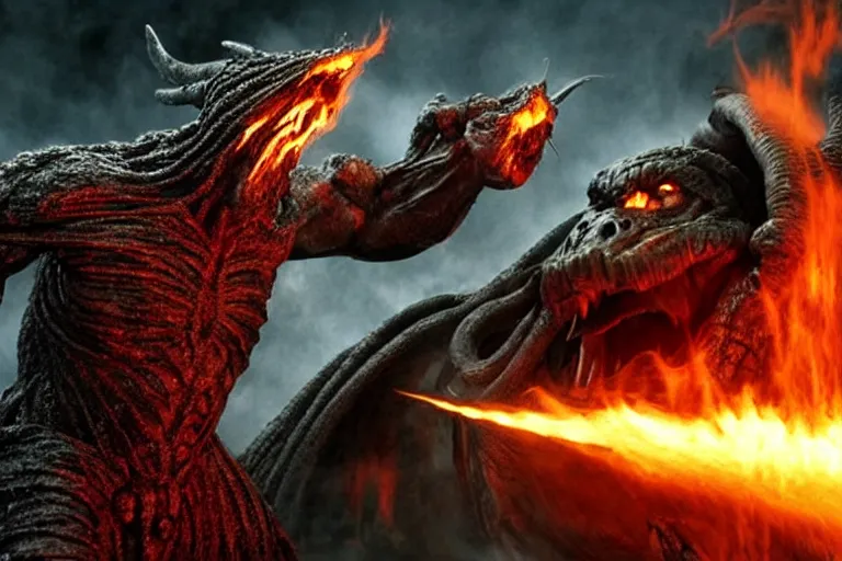 Image similar to movie still, huge balrog fighting normal sized gandalf at the bridge of khazad - dum, style of h. r. giger, fiery, dark, realistic movie still, cinematic, cgi,