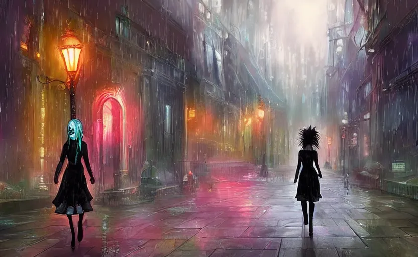 Image similar to A gothic girl is walking through a futuristic city street at night, it is rainig. Fantasy and concept art, colorful digital painting.