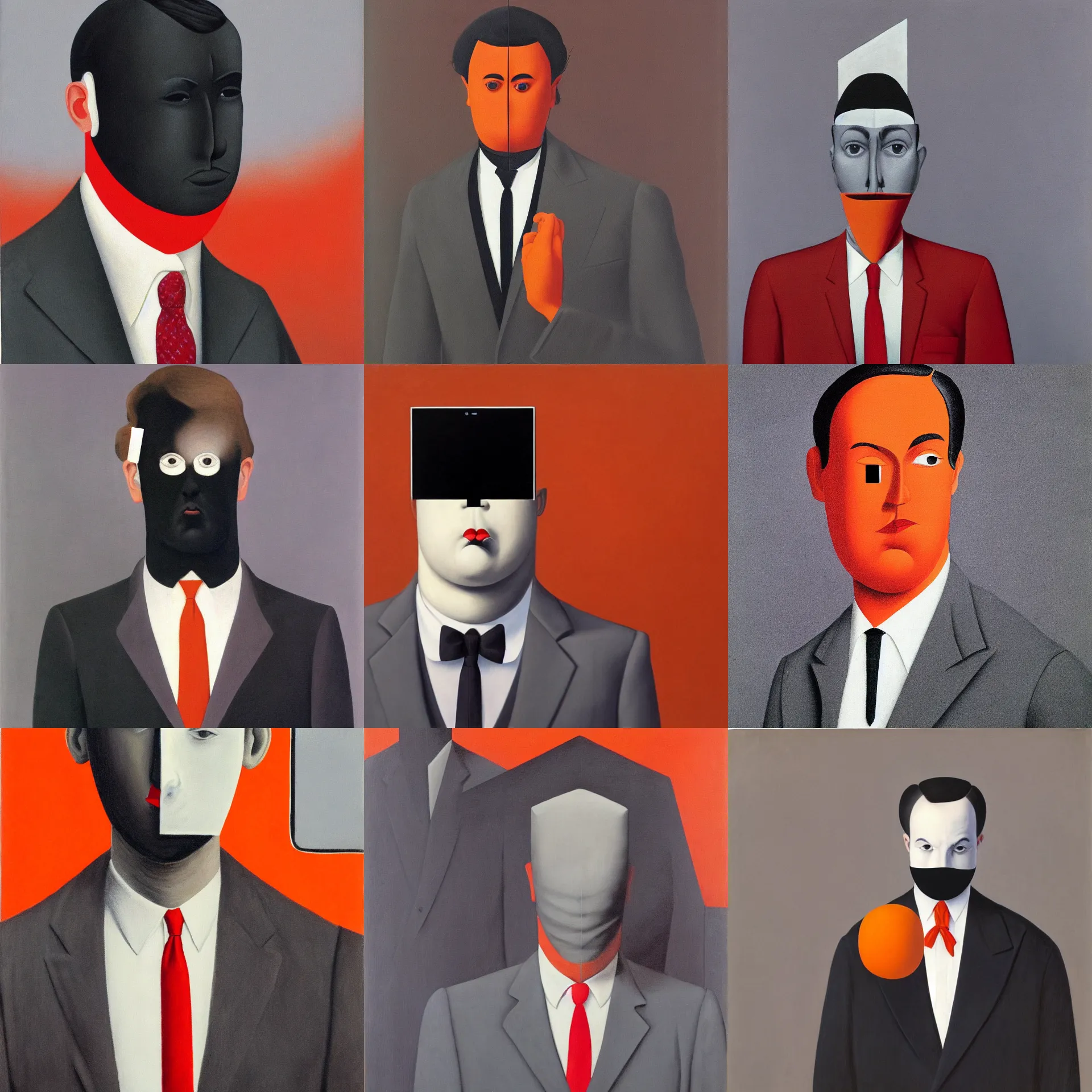 Prompt: front view portrait of a man with a phone replacing his face, wearing dark grey suit, white shirt, red tie, black pants, in front of an orange background, painted by rene magritte