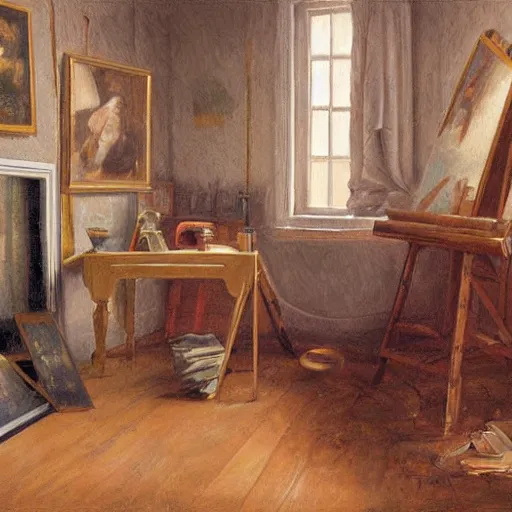Prompt: painting of the room of an artist, very detailed
