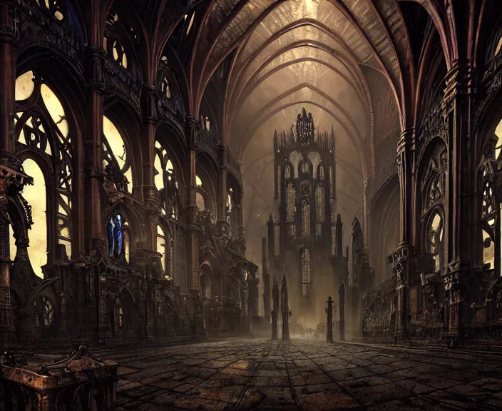 Image similar to steam necropolis, memento mori, gothic, neo - gothic, art nouveau, hyperdetailed copper patina medieval icon, stefan morrell, philippe druillet, ralph mcquarrie, concept art, steampunk, unreal engine, detailed intricate environment, octane render, moody atmospherics, volumetric lighting, ultrasharp, ominous, otherworldly