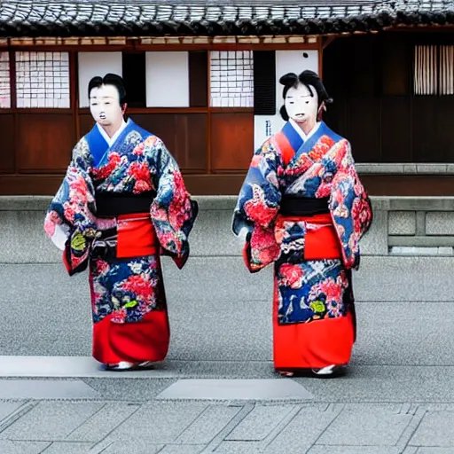 Image similar to real photo of a pair of japanese oni walking in kyoto, high detail,