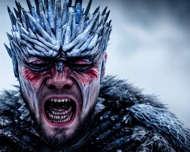 Image similar to ugly - cryer crying ice tears justin sun as night king in game of thrones, stunning tears made of ice, crimson - black bee army behind, 4 k, epic, cinematic, focus, movie still, fantasy, extreme detail, atmospheric, dark colour, sharp focus