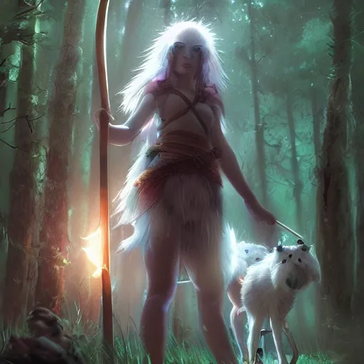 Prompt: Princess Mononoke holding a spear, standing next to Moro the white wolf, in a bioluminescent forest at night, portrait by loish and WLOP, octane render, dark fantasy, trending on ArtStation