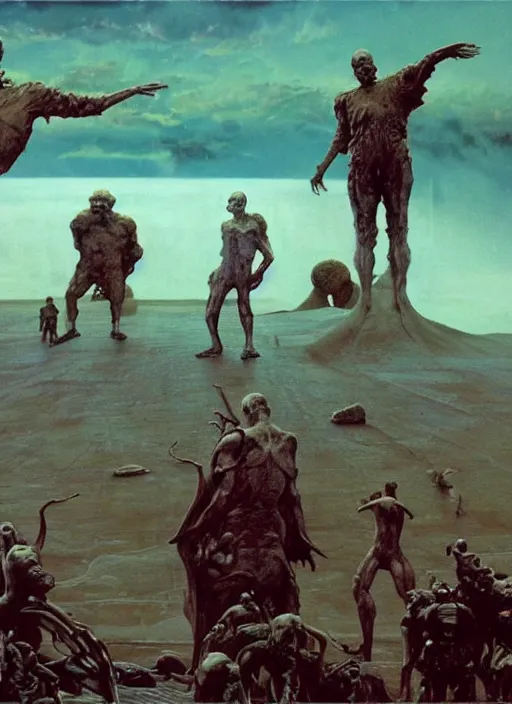 Image similar to hyper realistic high quality scene of the end of the world by francis bacon and zdzisław beksinski and norman rockwell and greg rutkowskiweta studio, tokyo futuristic in background, and lucasfilm, still from the movie armageddon in the style of c. leyendecker, realm of the ovarian machine, horror art, the darkest hour