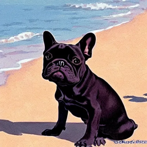 Prompt: black french bulldog in the beach, studio ghibli