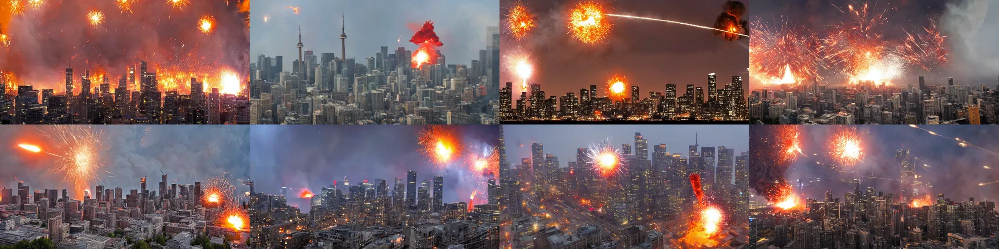 Prompt: a photo of downtown toronto exploding into a giant fireball, michael bay, action, thrilling, explosion