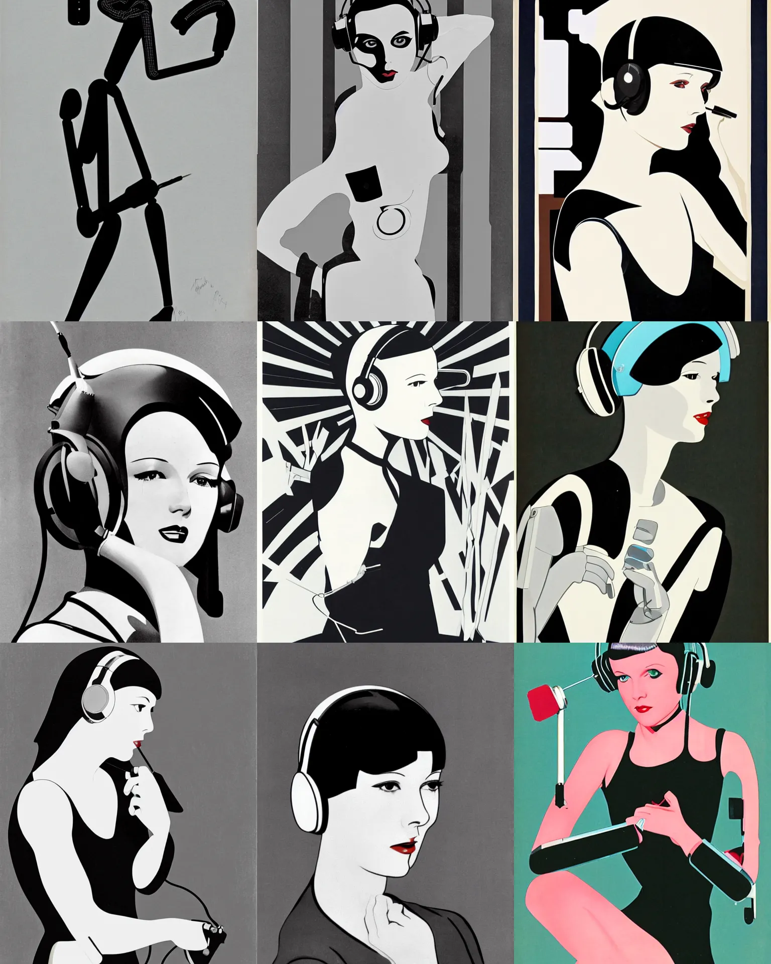 Prompt: mary louise brooks wearing headphones, repairing her own robot arm, chrome clothes, airbrush, robot arms, by patrick nagel, art deco style