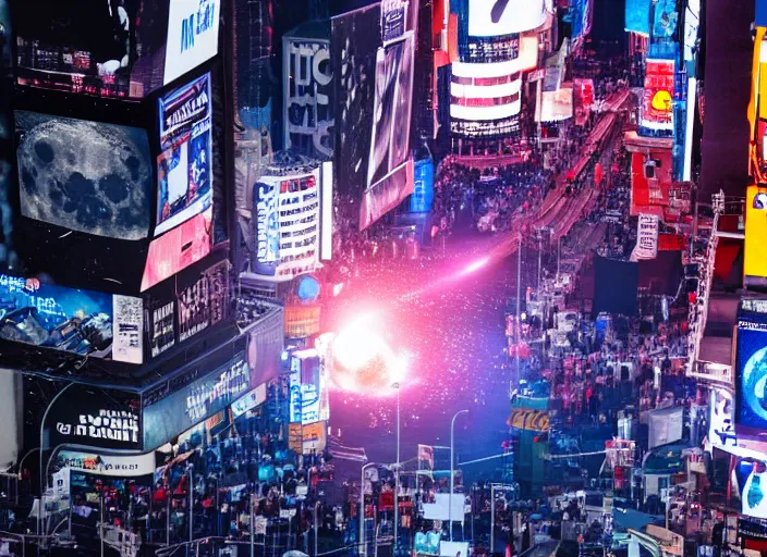 Image similar to film still of the moon shattering into pieces over time square in the new disaster movie, 8 k, night time