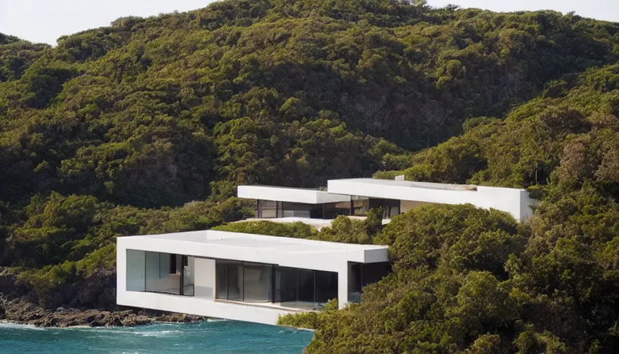 Image similar to modern house perched on a cliff overlooking a magnificient bay, drawing architecture, pritzker architecture prize, greig fraser