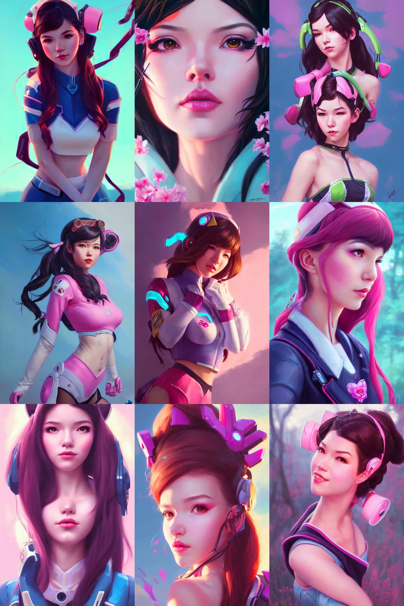 Prompt: a beautiful scenic painting of a beautiful young woman that looks like dva from overwatch by artgerm and wlop and wes anderson and spike jonze