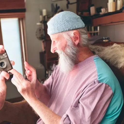 Image similar to cute cartoon character, beard grandpa taking a photo to a baby girl, old camera