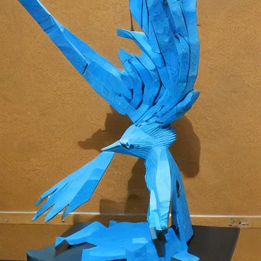 Prompt: abstract, sculpture articuno made of various materials from rainforest of face of artificial intellicgence