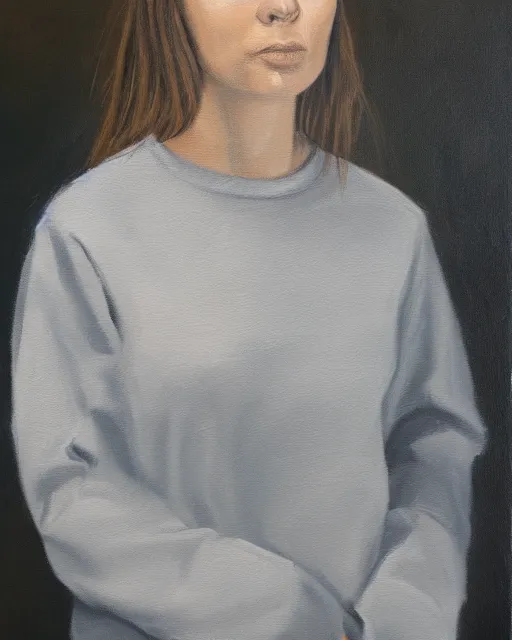 Prompt: an oil painting portrait of a poised woman wearing grey sweatpants and a sweatshirt