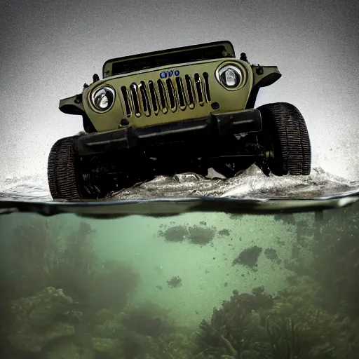 Image similar to eerie murky underwater photo of an upside - down military jeep sinking down. the jeep is inverted. bubbles. 4 k.