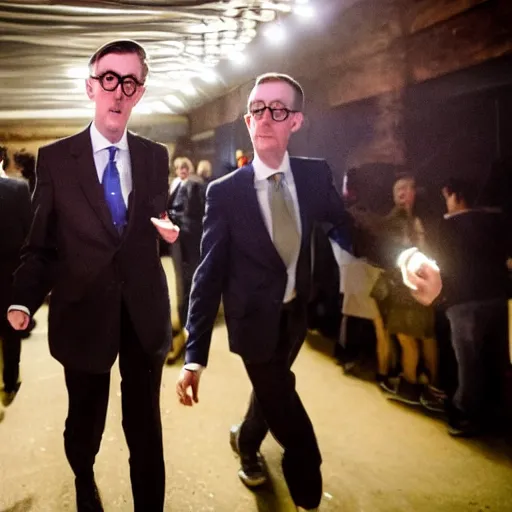 Prompt: hyperrealistic photography of jacob rees-mogg lost and confused in a rave with michael gove, wide angle, 28mm, dramatic disco lighting