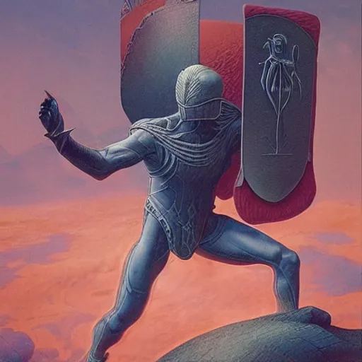 Prompt: warrior blocking cannonball with his shield, by wayne barlowe