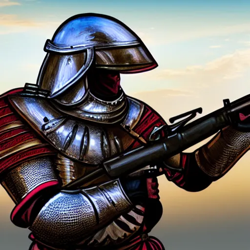 Prompt: a medieval knight in full armor, shooting an ak - 4 7. 4 k, hdr.