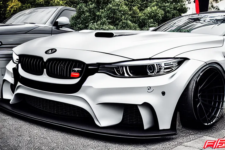 Prompt: Widebody black f80 m3 with hood-exit exhaust