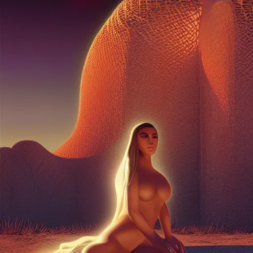 Image similar to Kim Kardashian at dystopian Coachella, by zdzislaw beksinski and Ridley Scott, detailed lighting, high quality, sharp focus, intricate, octane render, unreal engine 5, artstation, 4k, 25mm film grain