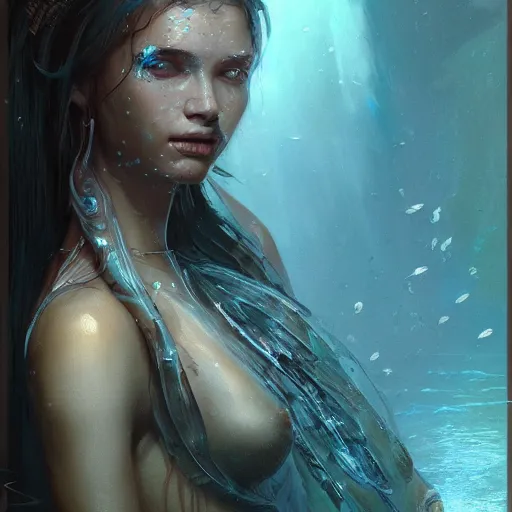 Prompt: a beautiful portrait of a water goddess with transparent skin by Greg Rutkowski and Raymond Swanland, Trending on Artstation, fishes background, ultra realistic digital art