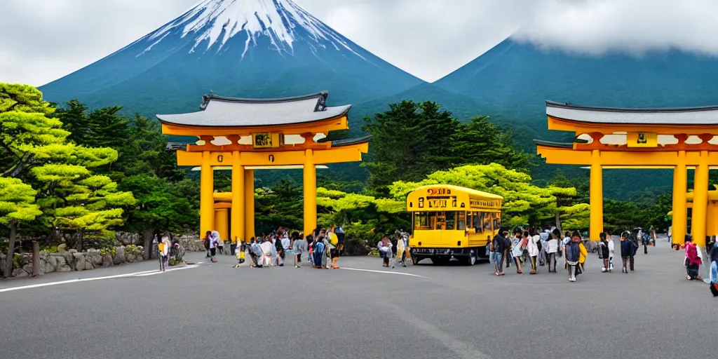 Image similar to Yellow school bus driving towards a Japanese Torii gate at Mount Fuji location in Japan, time travel, ray tracing