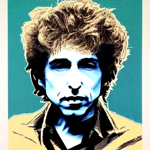 Prompt: aportrait of bob dylan | chromatic risograph print, warhol