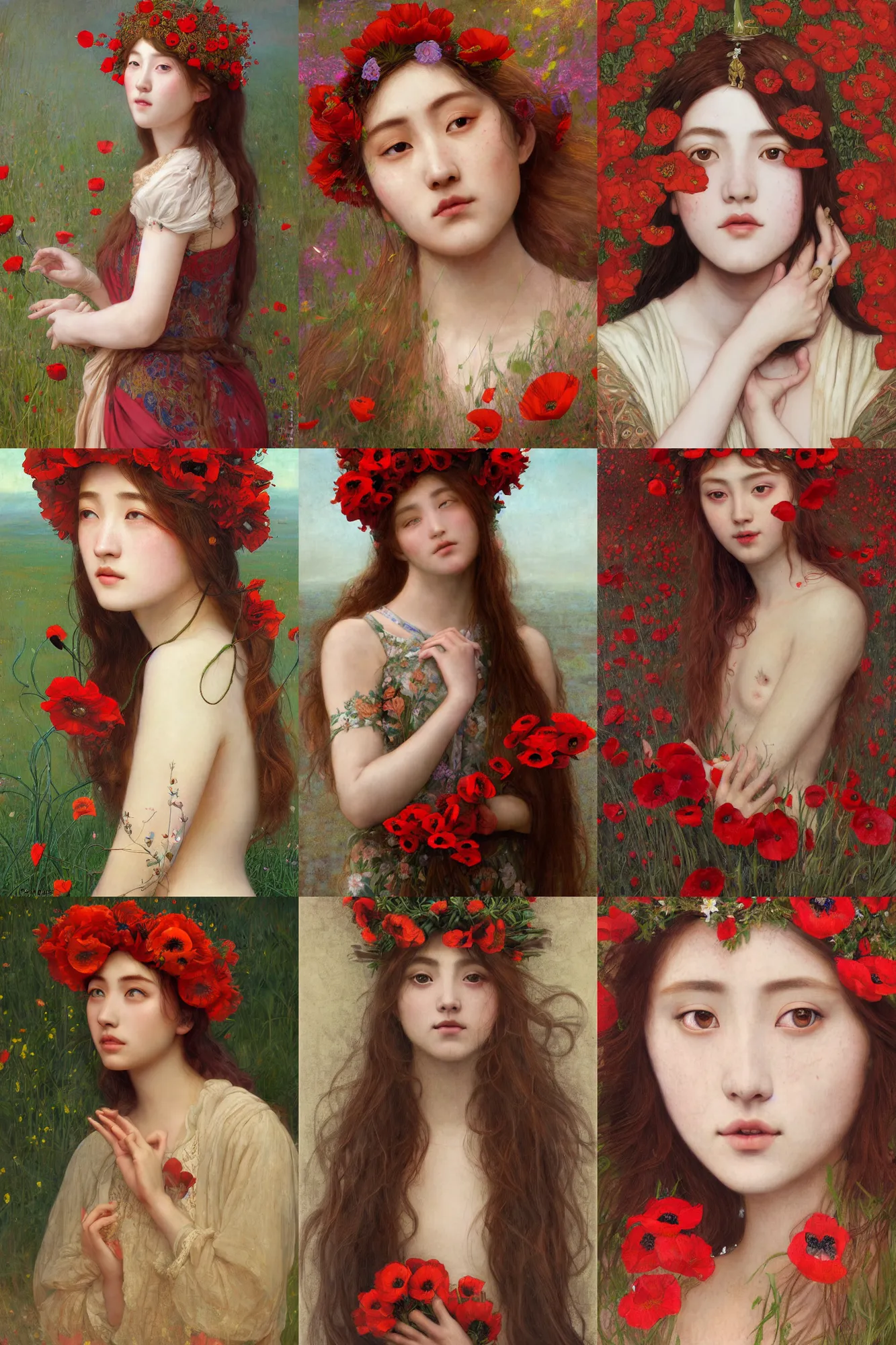 Prompt: Pre-raphaelite painting of a beautiful asian girl with freckles, wearing a flower headpiece made of red poppies, surrounded by big flowers, porcelain skin, cinematic lighting, photo realistic, highly detailed, maya, digital painting, artstation, concept art, sharp focus, illustration, by Mucha