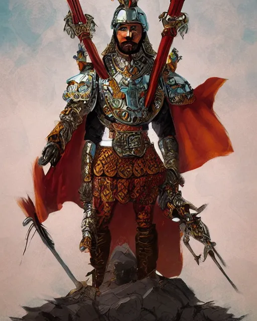 Image similar to illustration of a conquistador wearing ornate armor by anato finnstark and sangsoo jeong, treasure island movie color scheme, symmetric, facial features, portrait, digital painting, trending on artstation, masterpiece