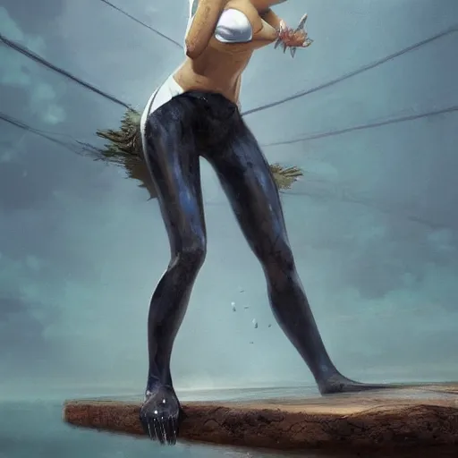 Prompt: concept art of a woman on a wood board suspended around a slick tyre in saint - martin lagoon, by aenaluck, artgerm and roberto ferri and greg rutkowski, blue and white tones, digital painting, artstation, concept art, smooth, sharp foccus ilustration hq - h 7 6 8