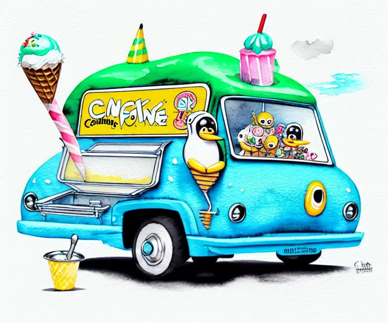 Image similar to cute and funny, penguin riding in a tiny ice cream truck with an oversized engine, ratfink style by ed roth, centered award winning watercolor pen illustration, isometric illustration by chihiro iwasaki, edited by range murata, tiny details by artgerm and watercolor girl, symmetrically isometrically centered, sharply focused