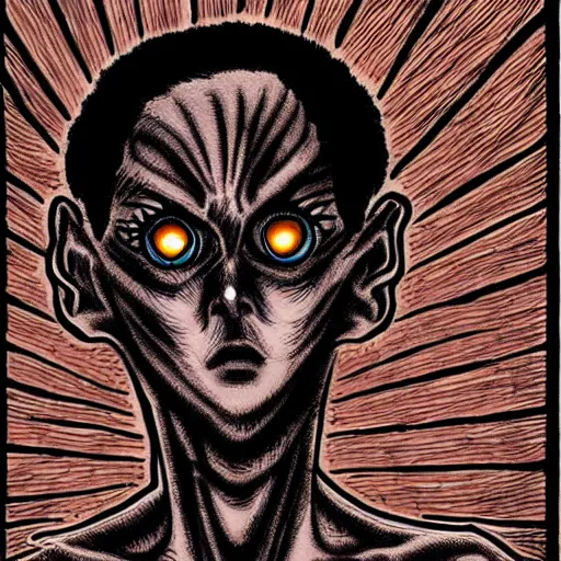 Image similar to a dark brown humanoid, hyper detailed, in the style of junji ito and and junji ito and junji ito, selfie