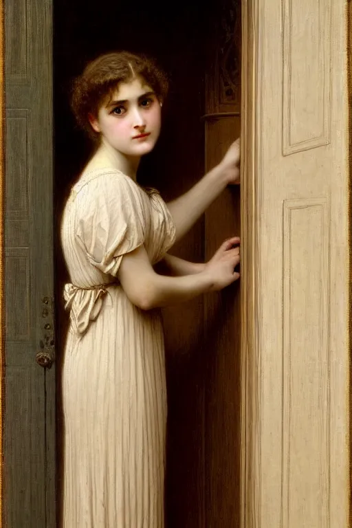 Image similar to girl in thought by auguste toulmouche and bouguereau, clear face, perfect detailed eyes, beautiful hands, pale skin, blonde hair, leaning on door