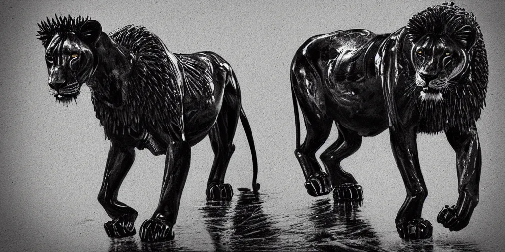 Prompt: the black lioness made of ferrofluid, walking in the suburban neighborhood, dripping tar. animal drawing, drawing, environment art, realistic, detailed