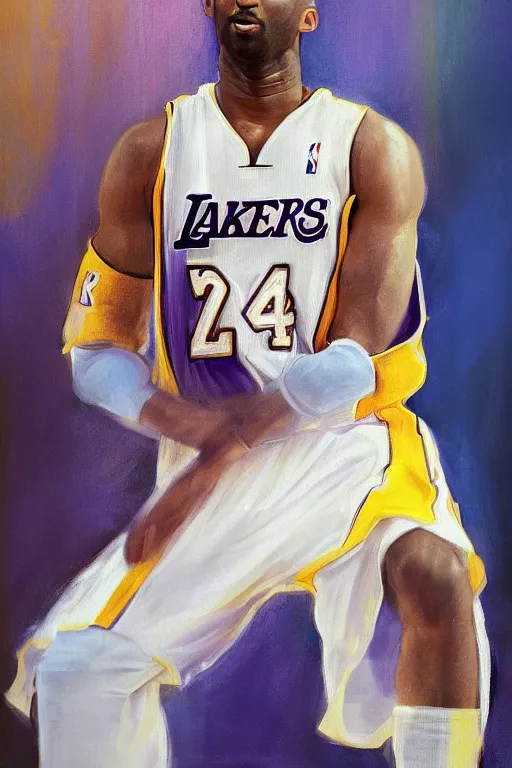 Prompt: kobe bryant, a portrait of kobe bryant facing camera, clear kobe bryant's face, muted pastel colors, soft lighting, atmospheric, cinematic, moody, in the style of jenni saville and krenz cushart, oil on canvas, 8 k