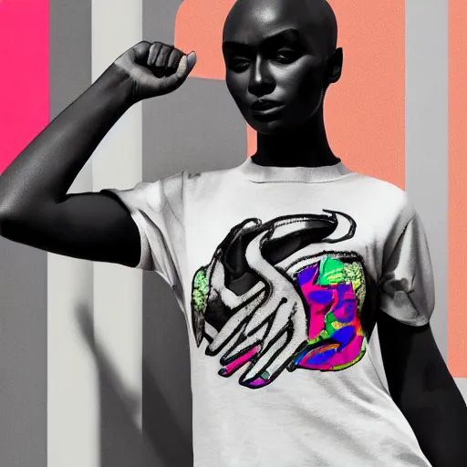 Image similar to black marble statue of a beautiful woman with colorful motocross logos in the style of virgil abloh, very very beautiful, detailed, off white, heron preston, 8 k, 4 k, detailed, beautiful, symmetrical, vogue, editorial, fashion, magazine, model