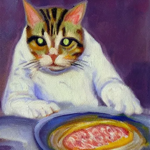 Image similar to impressionist painting of a cat eating a slice of salami