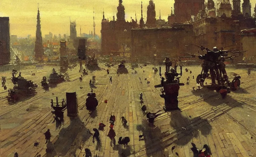 Image similar to high quality high detail painting by ilya repin, robots taking over the city, hd