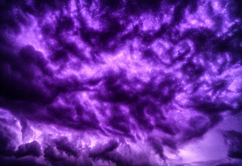 Image similar to purple color lighting storm with stormy sea close up of a pirate ship trippy nebula sky