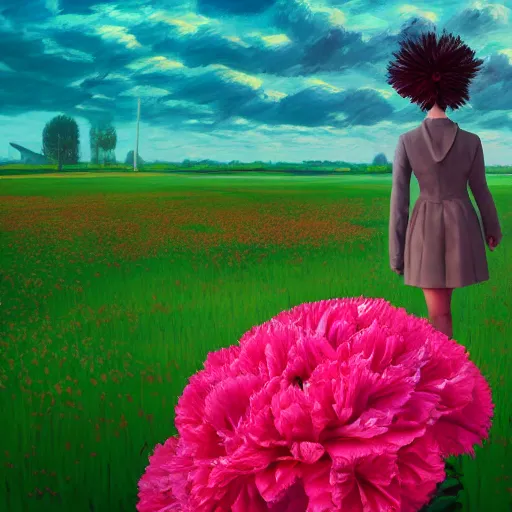 Image similar to giant carnation flower head, girl in suit, surreal photography, sunrise, dramatic light, impressionist painting, digital painting, artstation, simon stalenhag