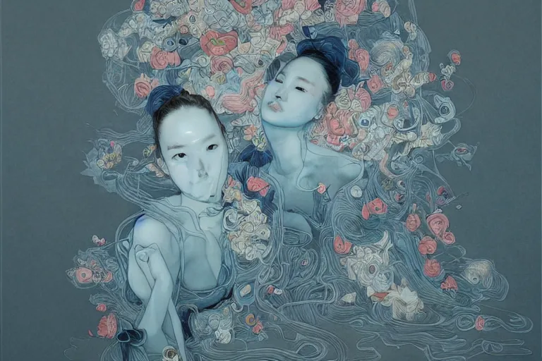 Image similar to Lee Jin-Eun by James Jean, rule of thirds, seductive look, beautiful, in flowy multiversal electrifying waters