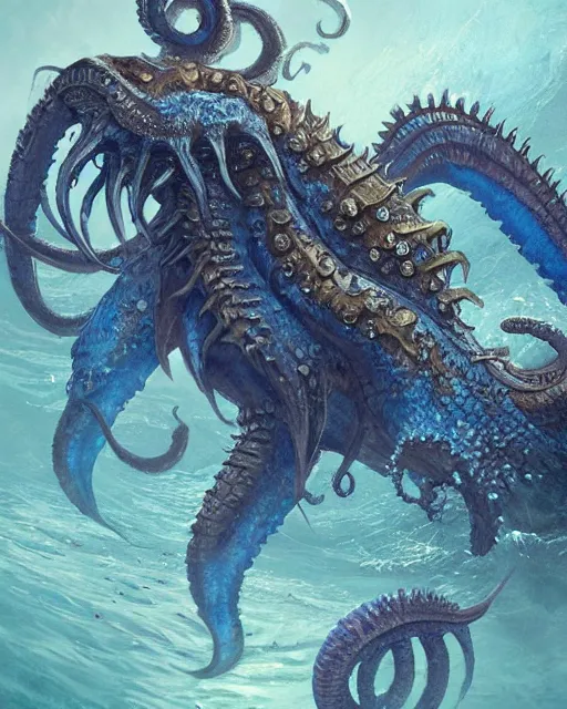 Prompt: A blue Kraken in the sea, highly detailed, fantasy art, female art, in the style of greg rutkowski, illustration, epic, fantasy, intricate, hyper detailed, artstation, concept art, smooth, sharp focus, ray tracing